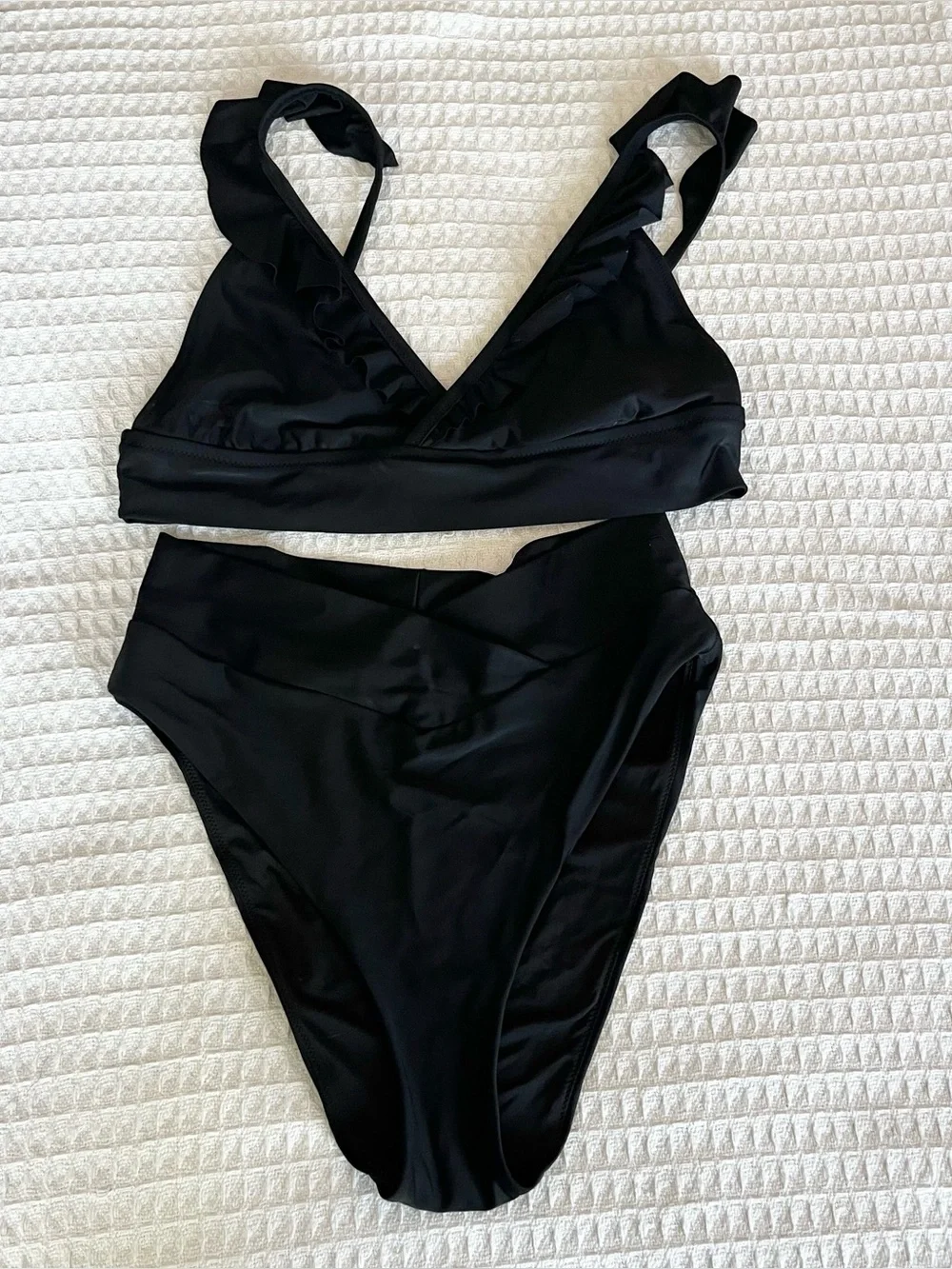 Aerie Black Ruffled Strap High-Waist Bikini Set XL top L bottom
